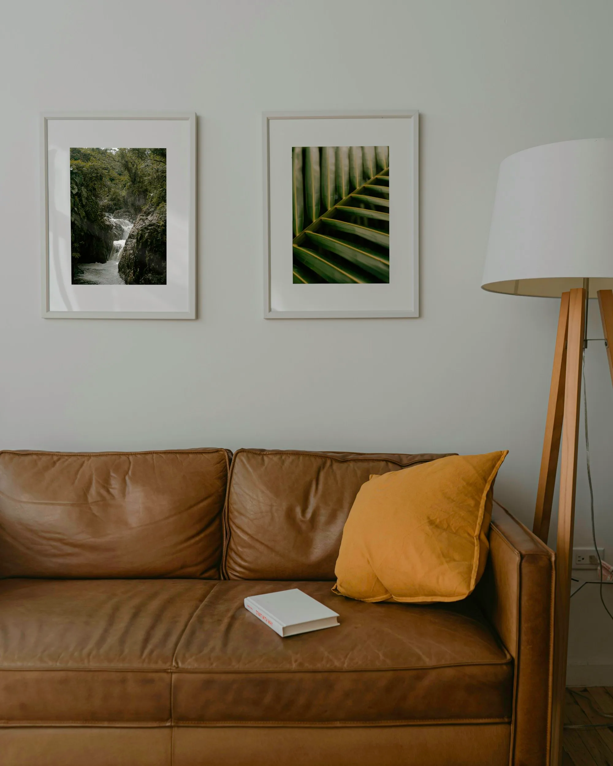 Sala com sofá verde, gravuras botânicas e iluminação natural